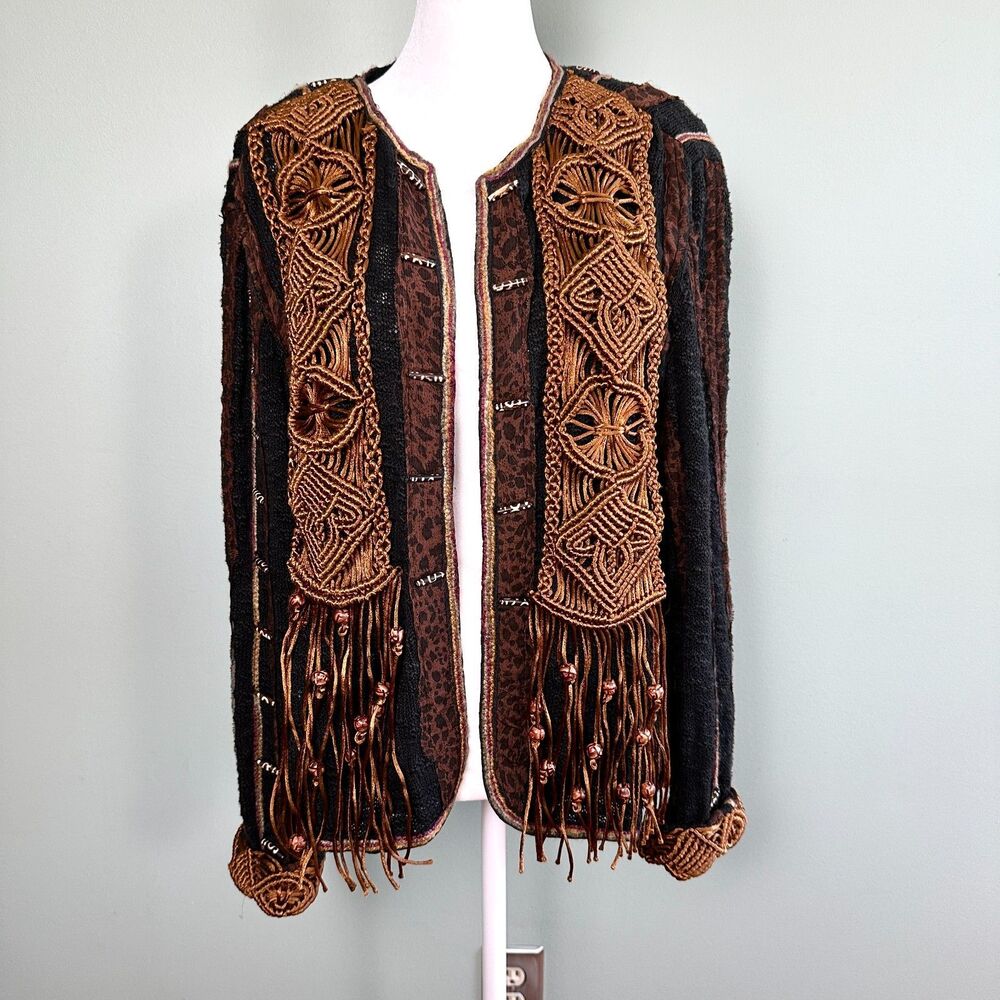 Sandy Starkman Cardigan Sweater Beaded Fringe Women XL Cotton Bohemian Western